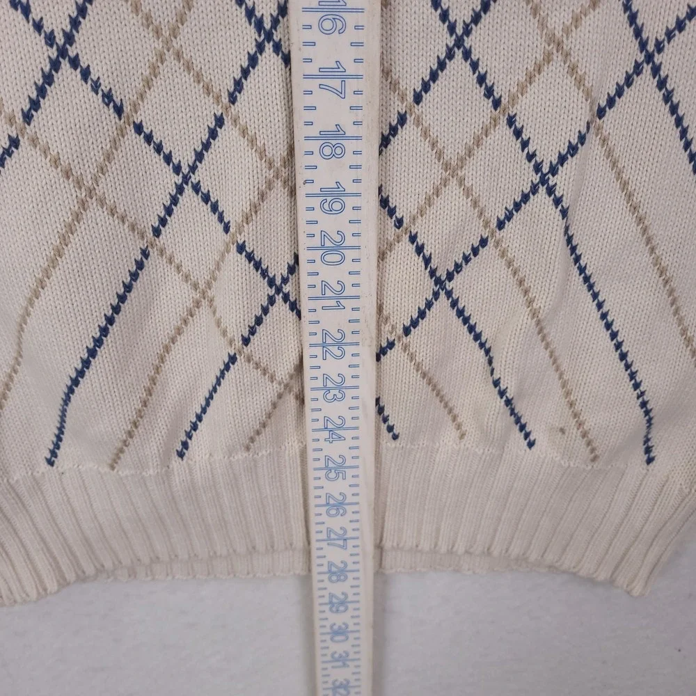 Lands End Argyle Sweater Mens M White Vintage 90s Made in USA Cotton Pullover